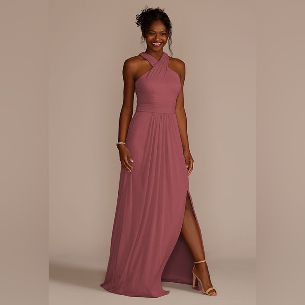 David’s Bridal crisscross high-neck mesh bridesmaid dress